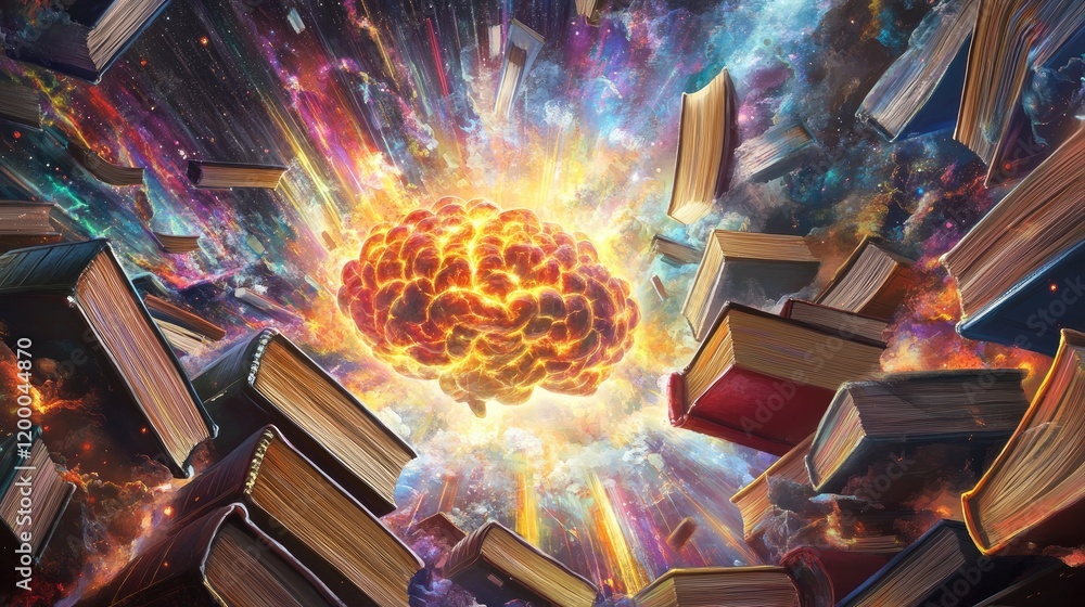 Poster Exploding Brain Surrounded by Books in Cosmic Space