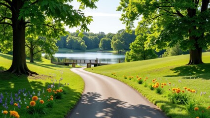 A sweeping, sunlit highway curves through a scenic landscape from the bottom right to the top left, framed by lush greenery and distant horizons.  