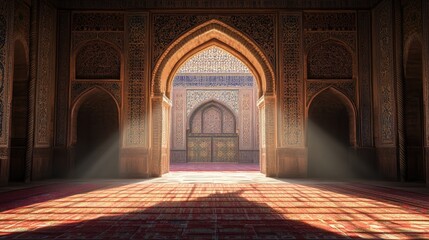 Sunlit Mosque Interior Archway Intricate Detailing