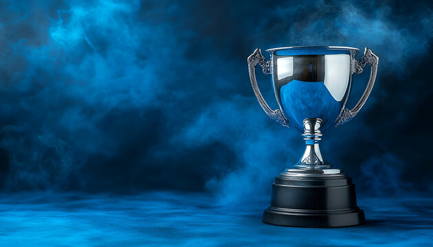 Silver trophy, blue smoke, victory, award, background