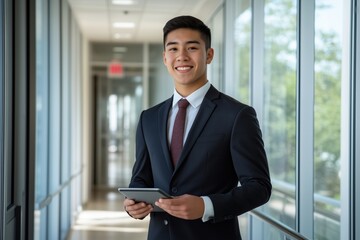 Fototapeta premium Confident Young Businessman: A portrait of a smiling Asian businessman, dressed in a sharp navy suit and red tie, holding a tablet computer in a modern office hallway.