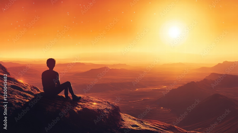 Poster traveler enjoys stunning sunset over vast desert landscape creating a moment of reflection and peace