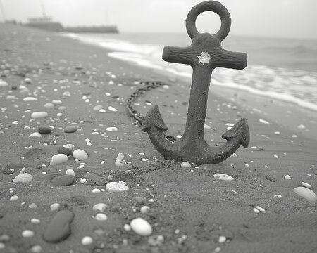 Rusty ship s anchor firmly embedded in sandy beach with chain lying on the serene shoreline