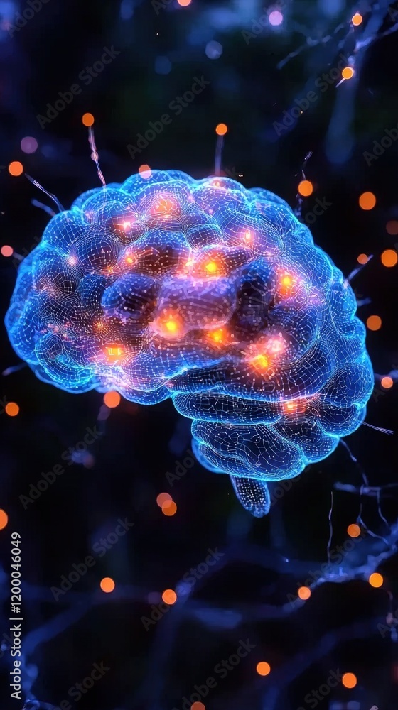 Poster a vibrant 3d brain model with glowing nodes. visualizes neural activity and connectivity. ideal for 