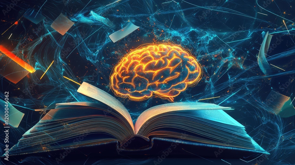 Poster illuminated brain above open book knowledge acquisition