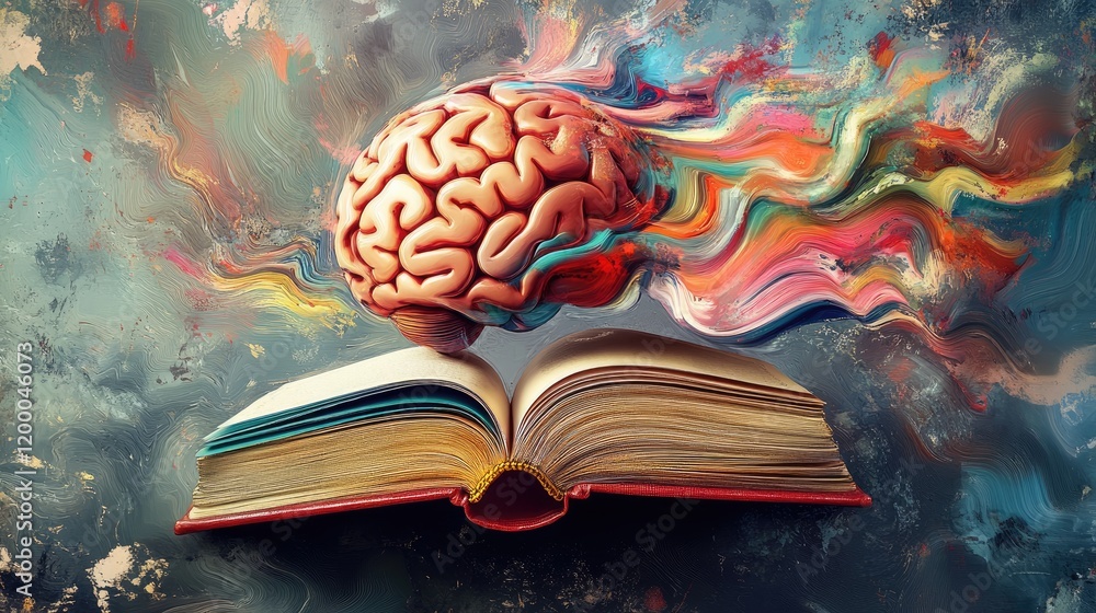 Aufkleber a human brain above an open book with colorful abstract swirls