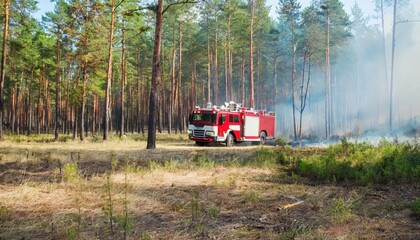 Fire truck responds to a forest fire emergency with siren activated in a wooded area
