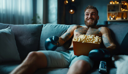 Boxer Relaxing with Popcorn Watching TV