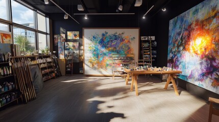 Fototapeta premium Sunlit Artist's Studio with Vibrant Abstract Paintings