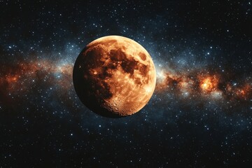 Fototapeta premium Orange planet, starry nebula backdrop.