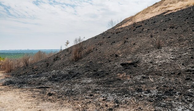Charred landscape reveals the aftermath of a fire in a dry environment