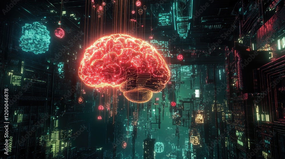 Poster Digital Brain Above Neon Cityscape Data Streams