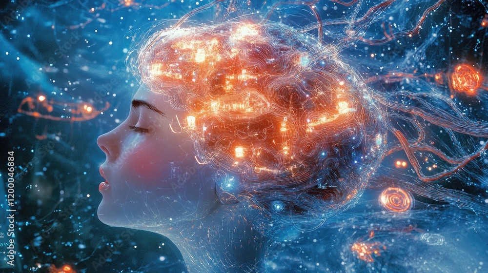 Poster woman with illuminated neural network brain