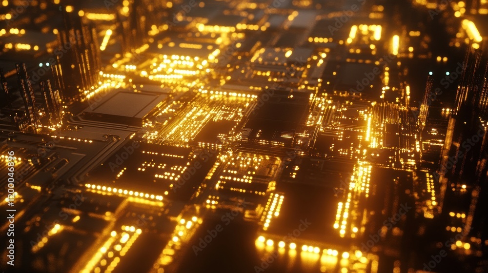 Poster illuminated circuit board with glowing components.
