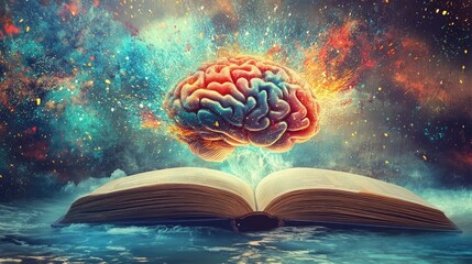 A vibrant brain emerges from an open book in a cosmic sea
