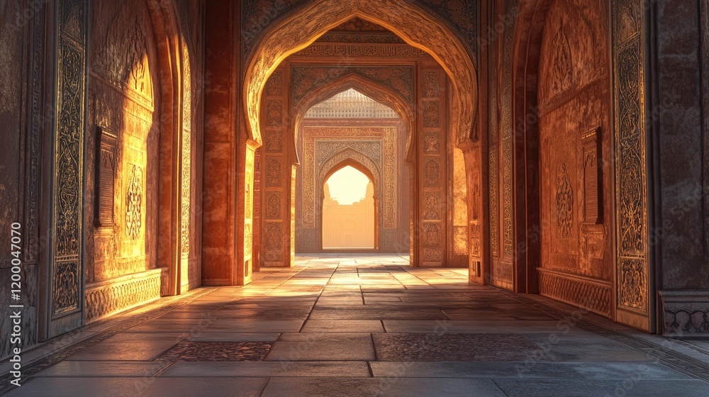 Aufkleber sunlit corridor of an ancient palace architecture