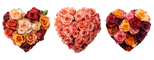 Set of heart of roses on transparent background, PNG 