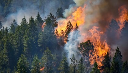 Fire engulfing dense forest under a darkening sky, creating a thick plume of smoke