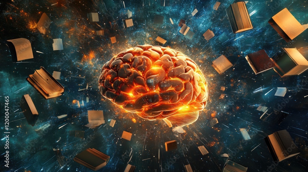 Poster glowing brain surrounded by falling books in space