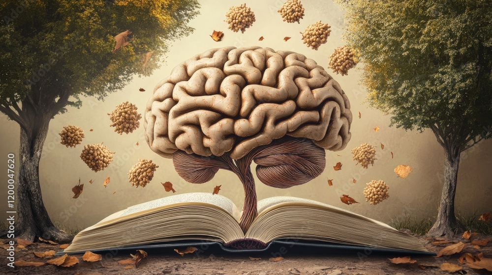 Poster A Brain Grows From An Open Book In An Autumnal Setting
