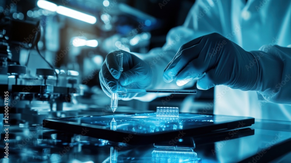 Poster scientist using pipette and tablet in lab.