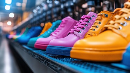 A vibrant lineup of colorful shoes displayed on an assembly line, highlighting the commercial production process and the diverse design options available in contemporary footwear manufacturing.
