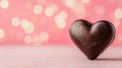 Fototapeta premium A shiny chocolate heart on a soft pink background, creating a romantic and sweet atmosphere ideal for celebrations or gifts.