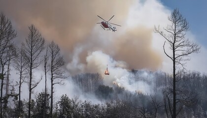 Obraz premium Firefighting helicopter drops water on burning forest, creating massive cloud of smoke and steam