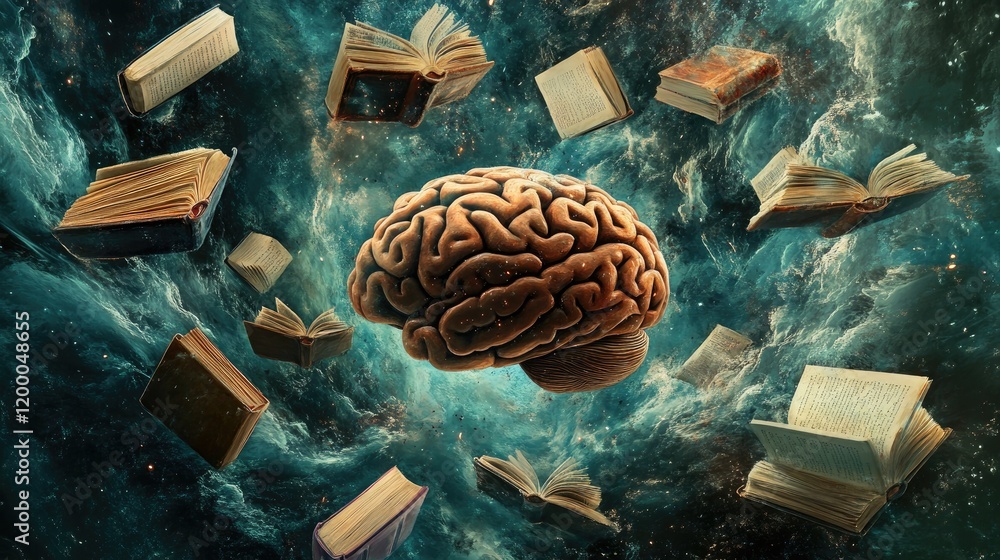 Poster a human brain surrounded by floating books in space