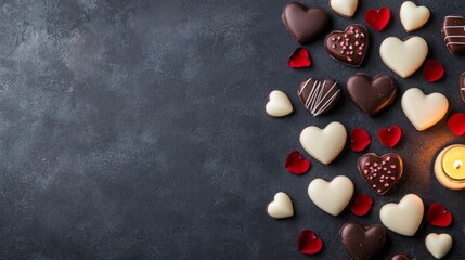 A romantic arrangement of heart-shaped chocolates and red heart candies, perfect for celebrations or gifting.