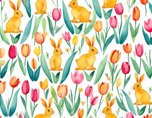 Dynamic pastel pattern with Easter motifs like lambs, egg garlands, and wildflowers, soft gradient tones, joyful and peaceful vibe, seamless repeating design for a holiday celebration feel.