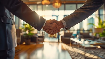 Men in suits shaking hands after a successful business negotiation in a bright and contemporary office space 