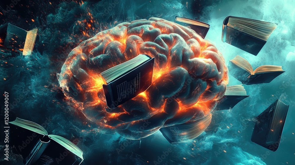 Poster flaming brain surrounded by books knowledge explosion