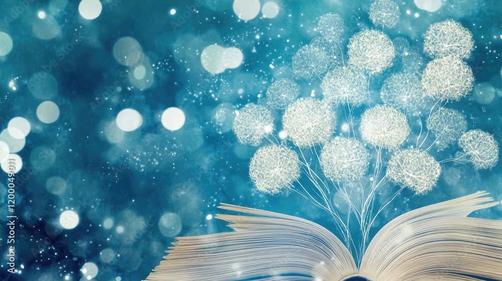 Poster Dandelion Wishes Emerging From An Open Book