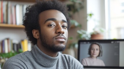 A man with a beard and dreadlocks is sitting in front of a computer monitor with a woman on the screen
