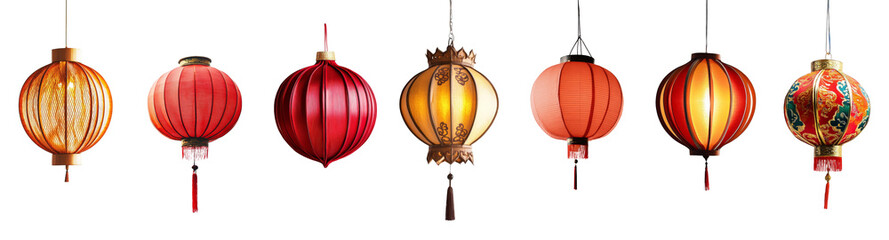 Obraz premium Collection of Red Chinese lanterns with intricate designs and glowing lights isolated on transparent background.