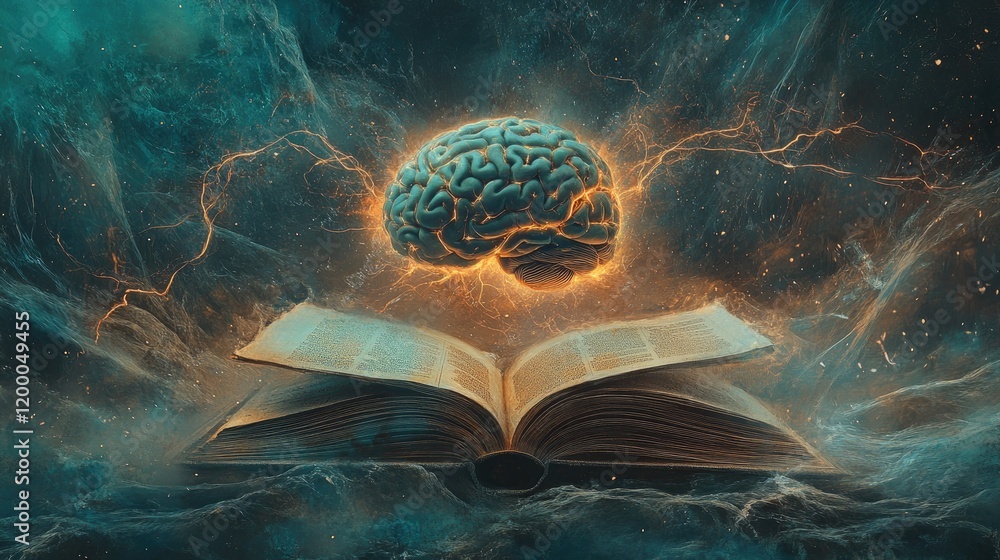 Poster Glowing Brain Above Open Ancient Book of Knowledge