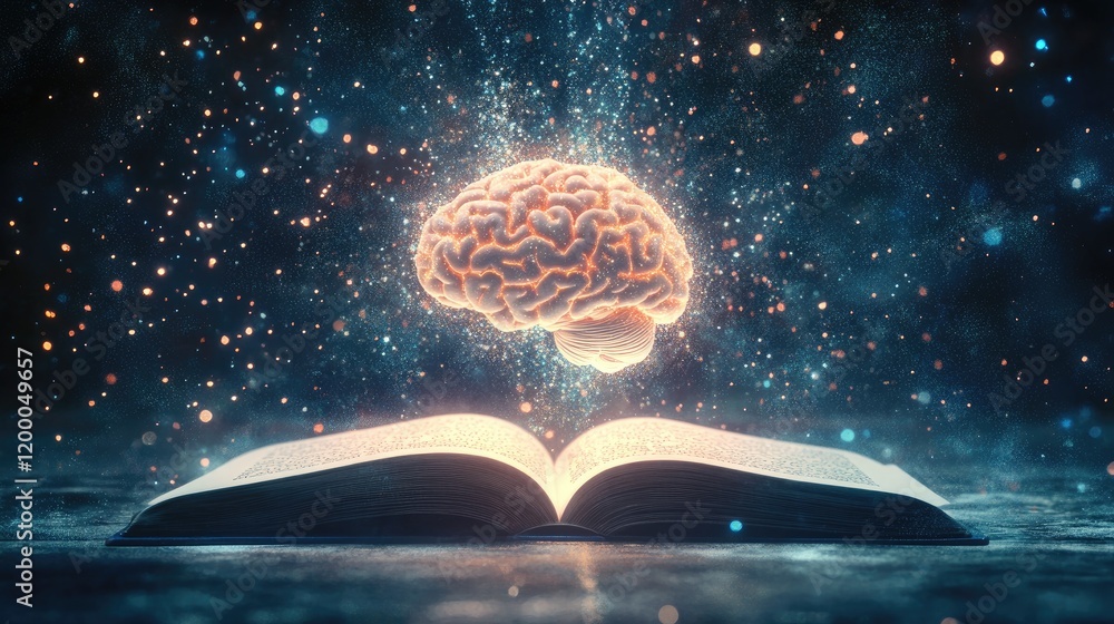 Poster glowing brain above open book illuminating knowledge