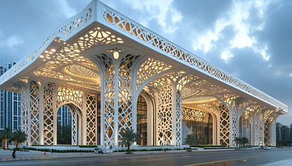 Obraz premium Modern building, city dusk, intricate facade, illuminated