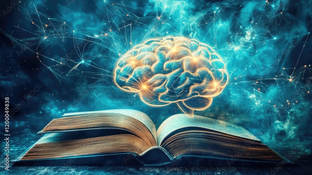 Poster Illuminated Brain Above Open Ancient Book Knowledge