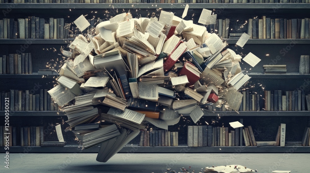 Poster Exploding Book Knowledge From A Library Shelf
