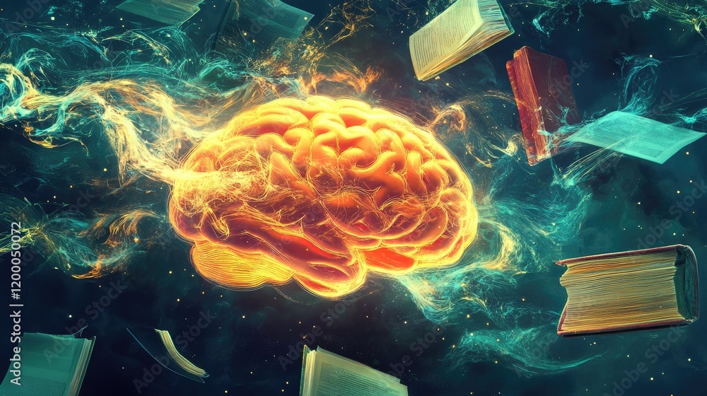 Poster illuminated brain absorbing knowledge from books