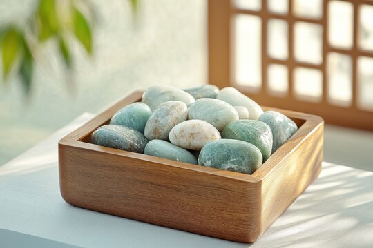 Traditional Korean Gongi Nori stones arranged in a wooden box with soft light filtering through a paper window