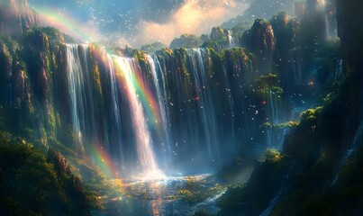 Fototapeta premium Dreamlike Valley with Cascading Waterfalls and Vivid Green Cliffs