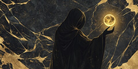 A cloaked figure holds a golden celestial orb