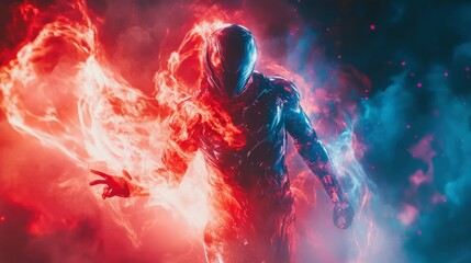 Futuristic Armored Figure Embraces Fiery And Icy Energy