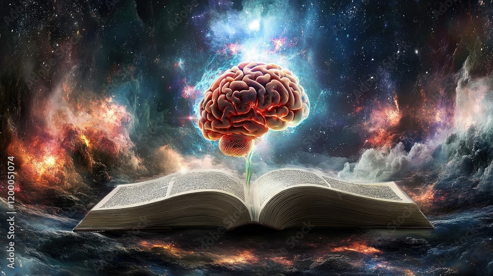 Poster cosmic brain growing from an open ancient book