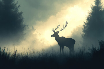 Naklejka premium Deer standing in foggy forest, its outline barely visible in hazy backdrop of tall trees.