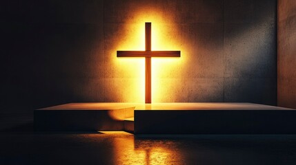 Illuminated Wooden Cross on Concrete Platform
