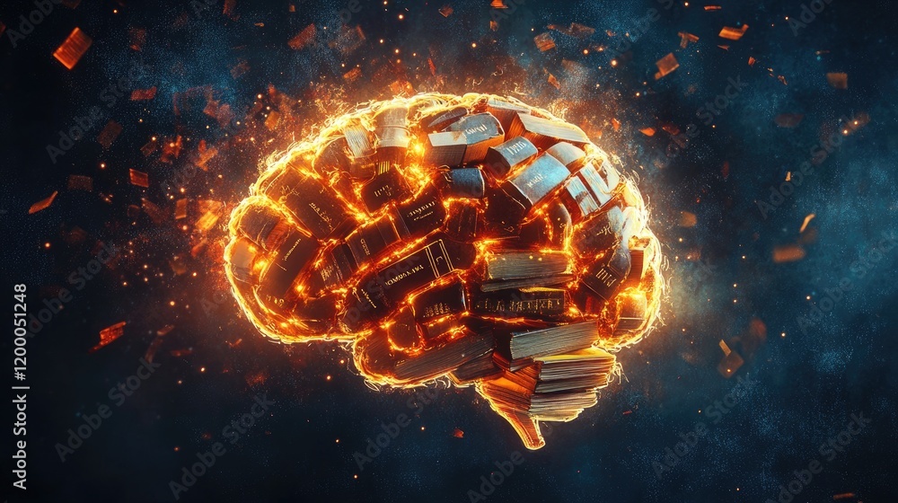 Poster a fiery brain formed from burning books and knowledge